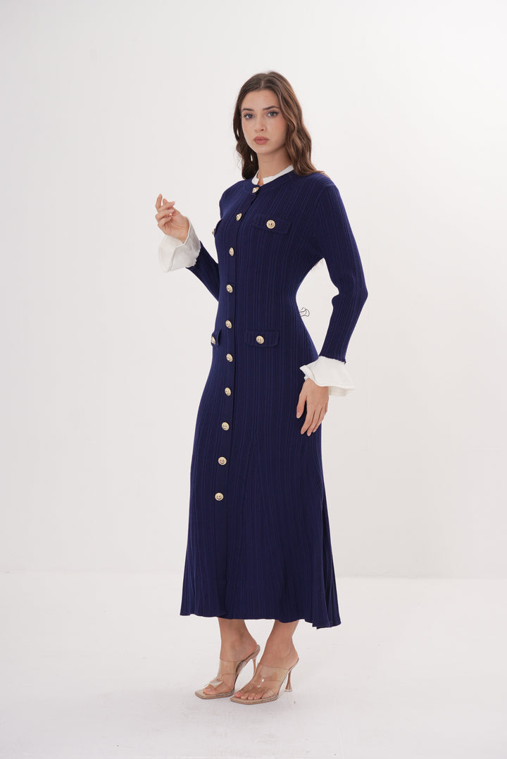 Majestic Knit Contrast Cuffs Sculpted Waist  Maxi Dress