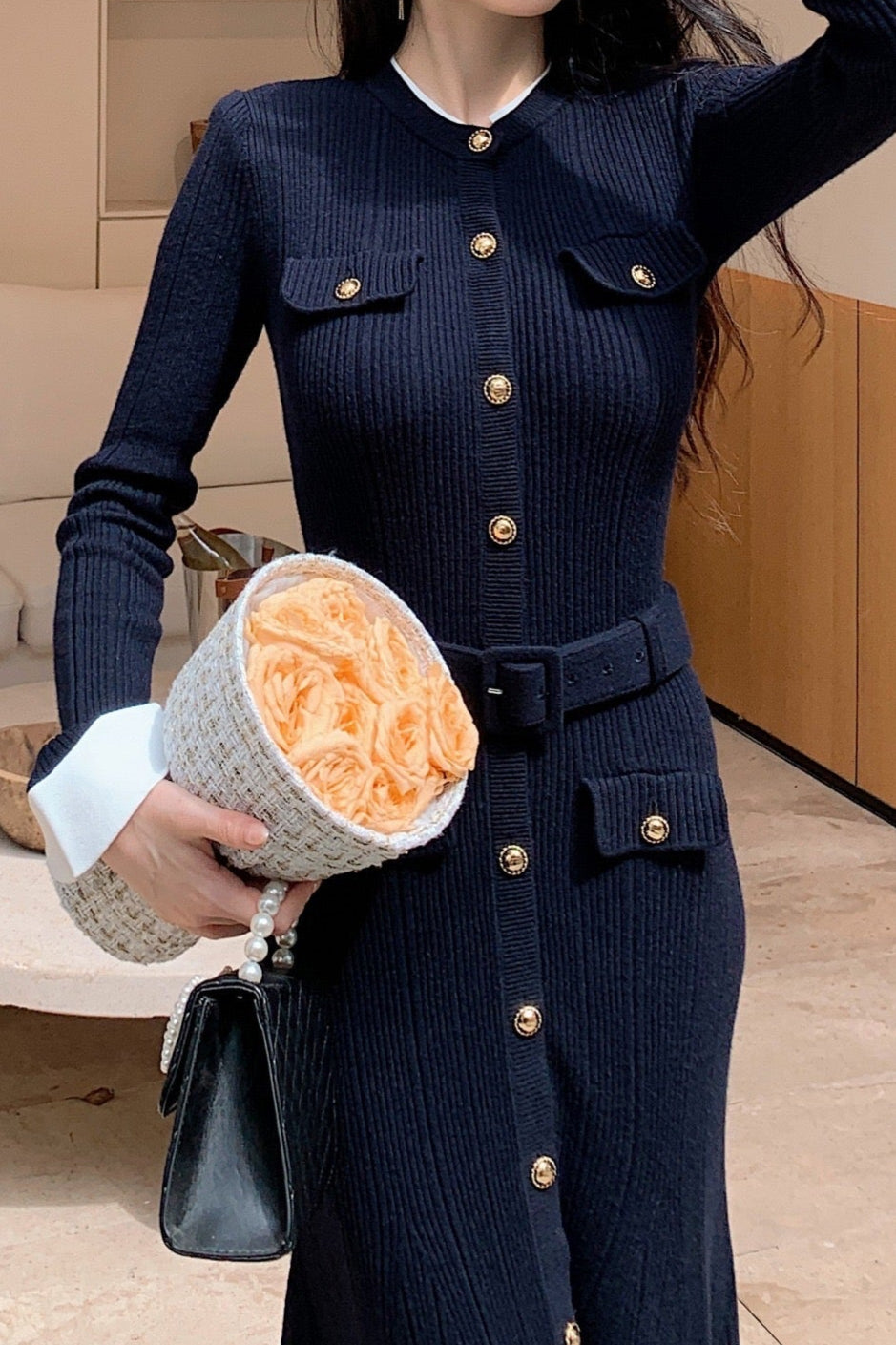 Majestic Knit Contrast Cuffs Sculpted Waist  Maxi Dress