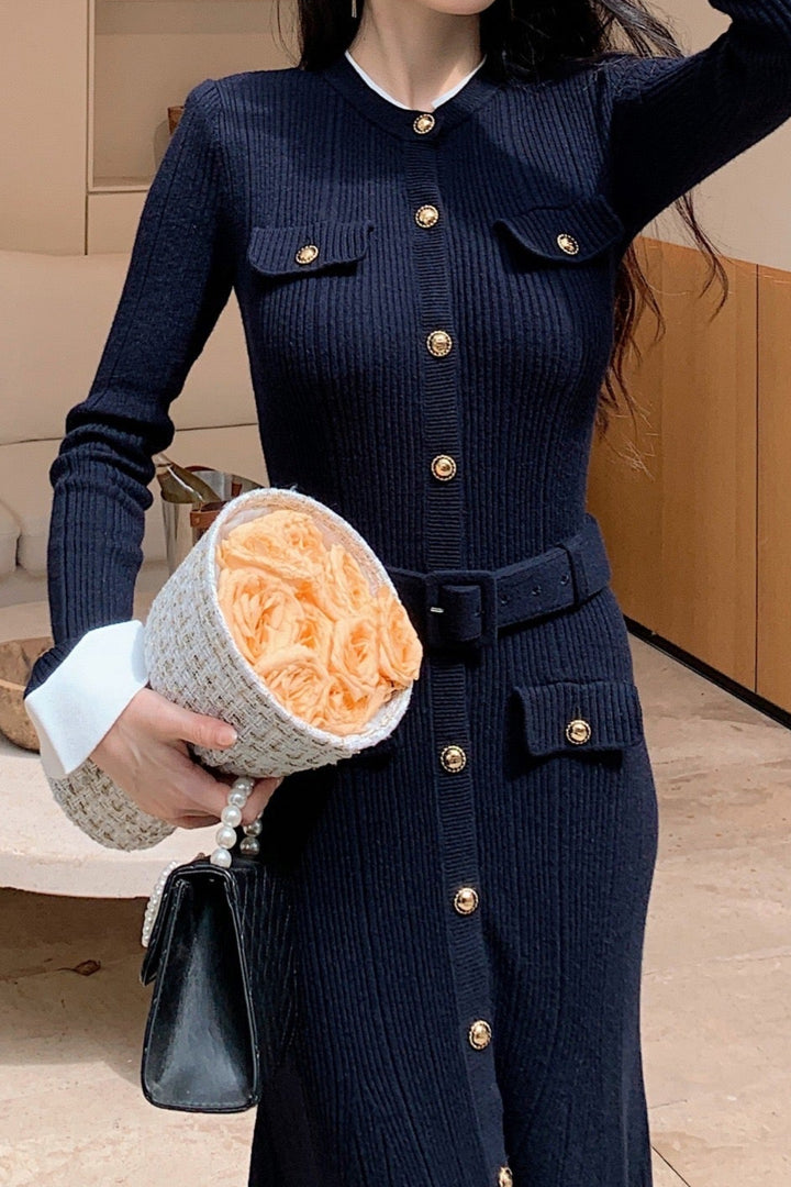 Majestic Knit Contrast Cuffs Sculpted Waist  Maxi Dress