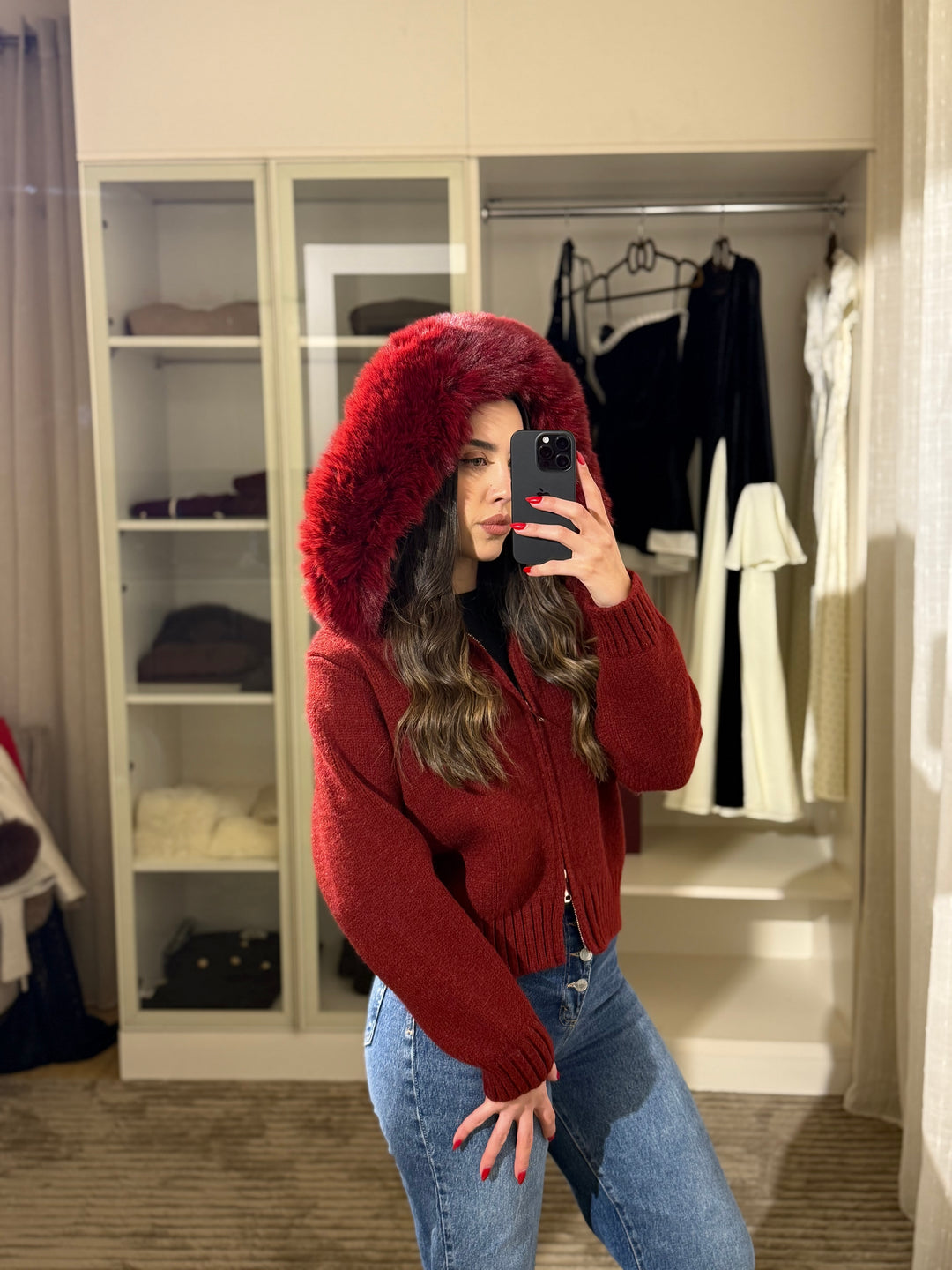 Fox Fur Collar Soft Wool Hooded jacket Top
