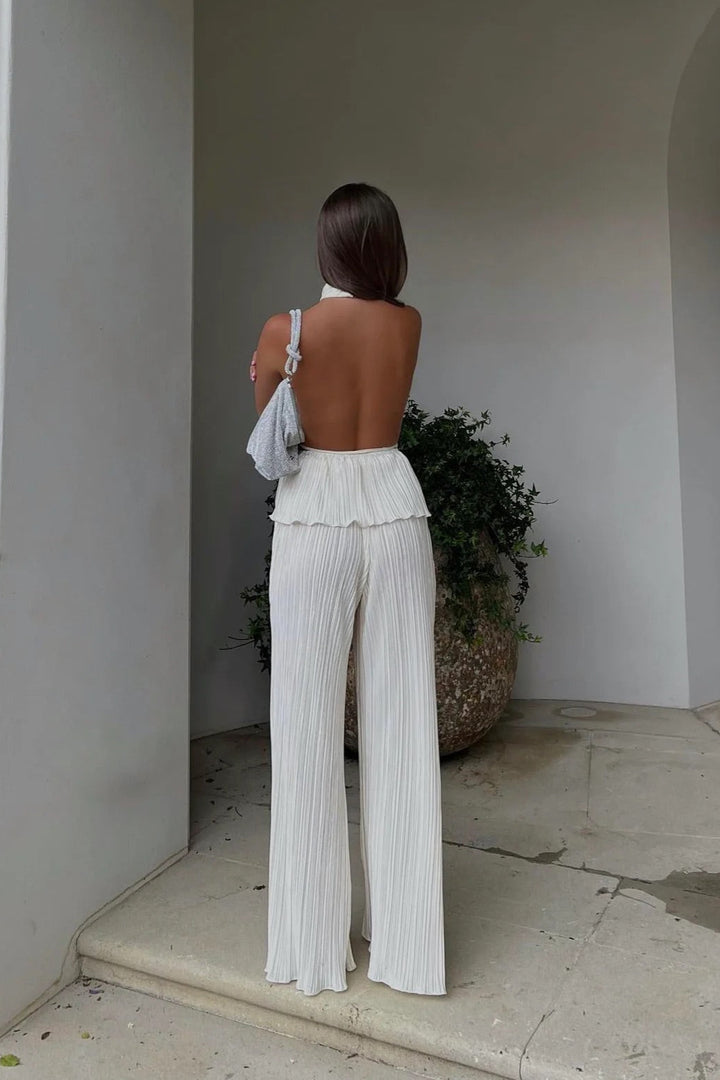 Santorini Pleated Backless Halter Wide Leg  Set