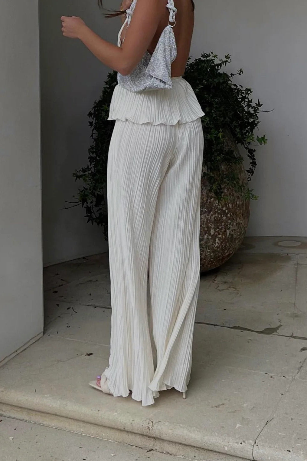 Santorini Pleated Backless Halter Wide Leg  Set