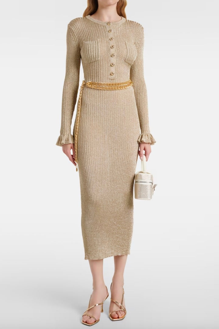 Golden Sand Chain Ribbed Knit Maxi Dress