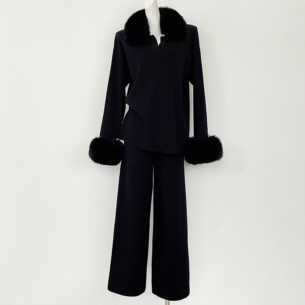 Velora Real Fox Fur Knit Lounge Set - Fur Cuff Edition
