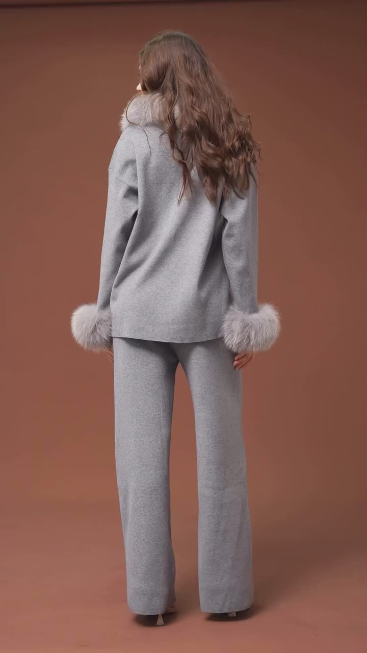 Velora Real Fox Fur Knit Lounge Set - Removable Fur Cuff & Neck